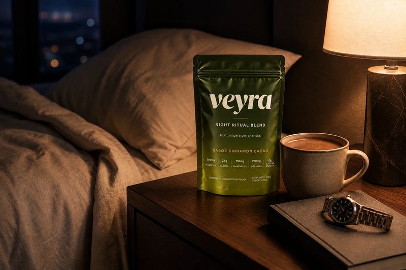 Bolsa de Veyra y una taza de cacao caliente sobre el buró junto a la cama, de noche