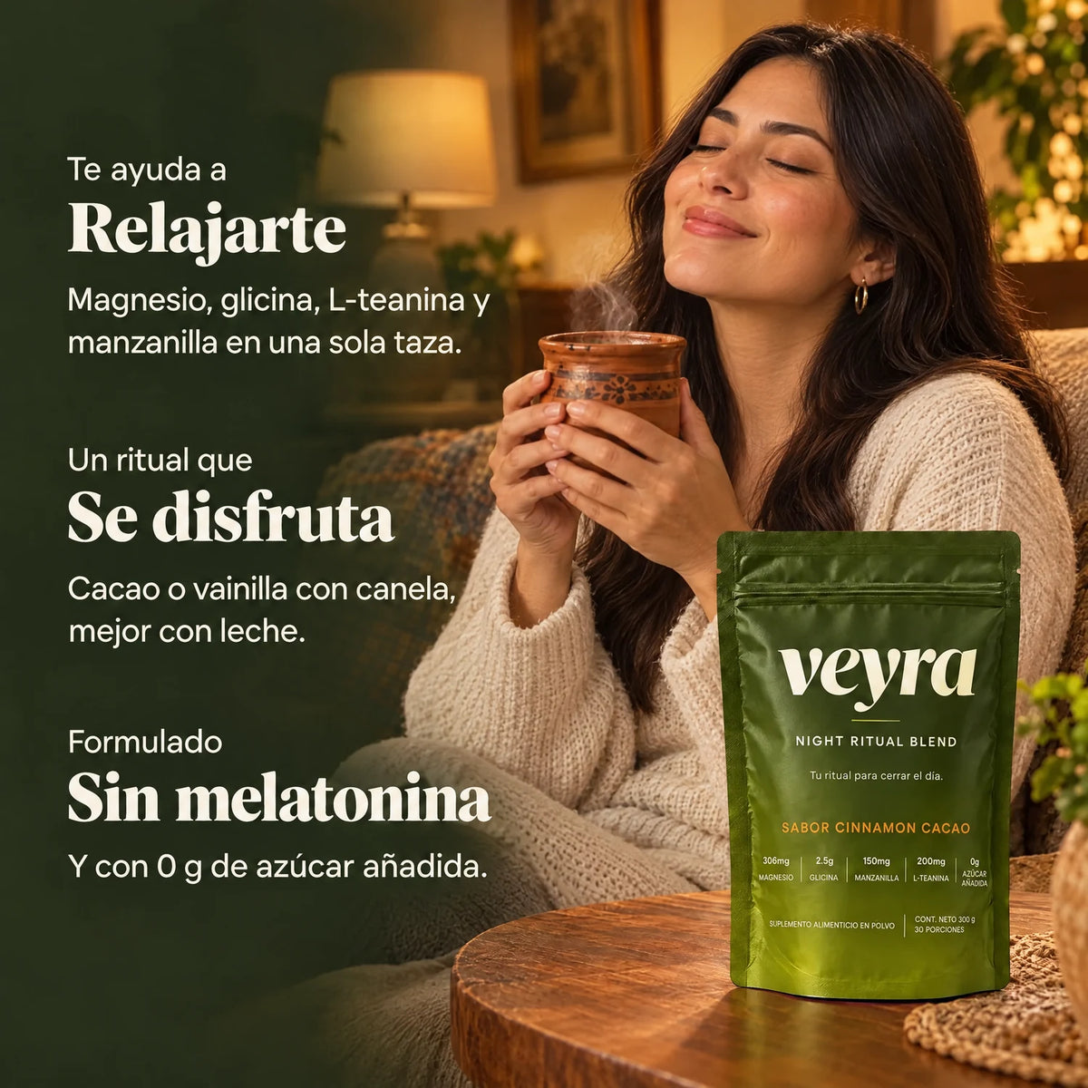 Mujer disfrutando una taza de Veyra: te ayuda a relajarte, se disfruta con cacao o vainilla y no tiene melatonina