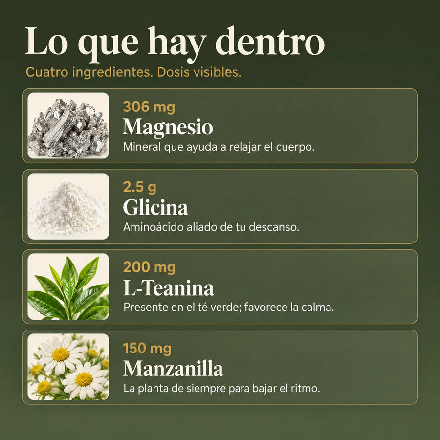 Ingredientes de Veyra por porción: 306 mg de magnesio, 2.5 g de glicina, 200 mg de L-teanina y 150 mg de manzanilla