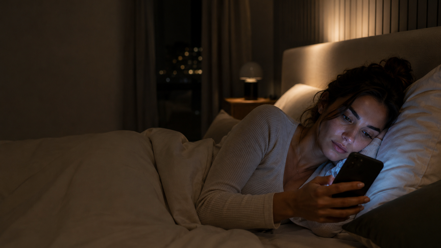 Mujer despierta en la cama, de noche, mirando el teléfono.