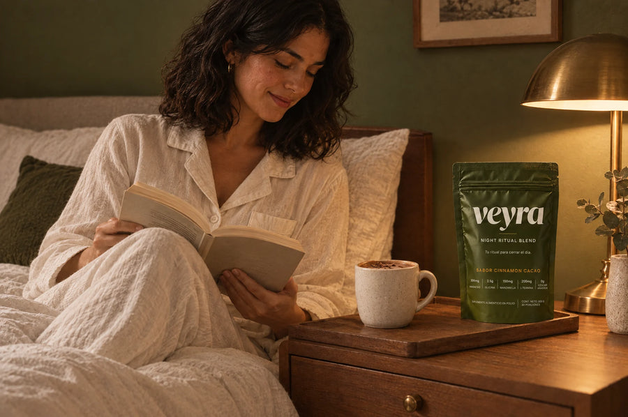 La misma mujer leyendo en la cama con su taza de Veyra en el buró