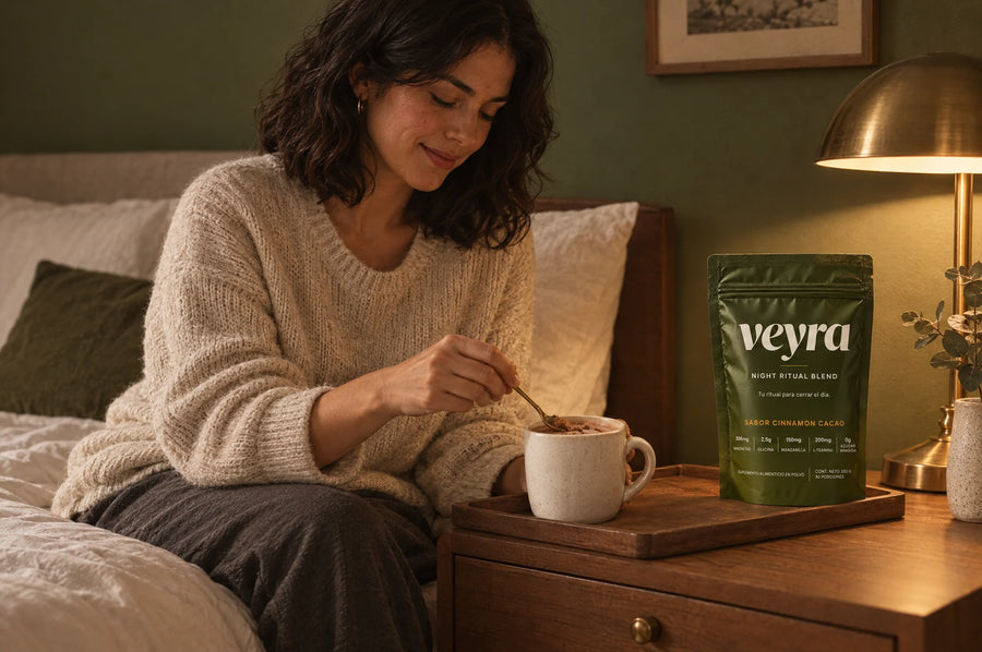 Mujer preparando su taza de Veyra junto a la cama, de noche