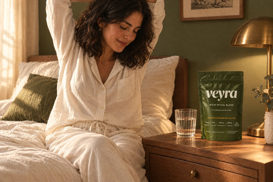 La misma mujer despertando al amanecer junto a la bolsa de Veyra