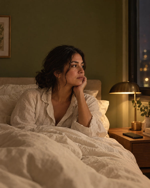 Mujer sentada en la cama de noche, mirando por la ventana con el celular boca abajo en el buró