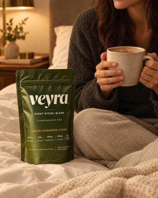 Manos sosteniendo una taza de cacao caliente en la cama junto a la bolsa de Veyra
