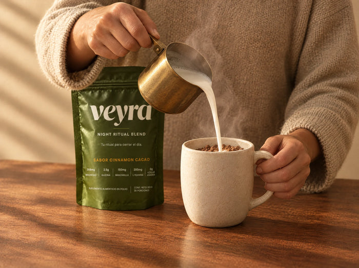 Manos vertiendo leche caliente en la taza con Veyra