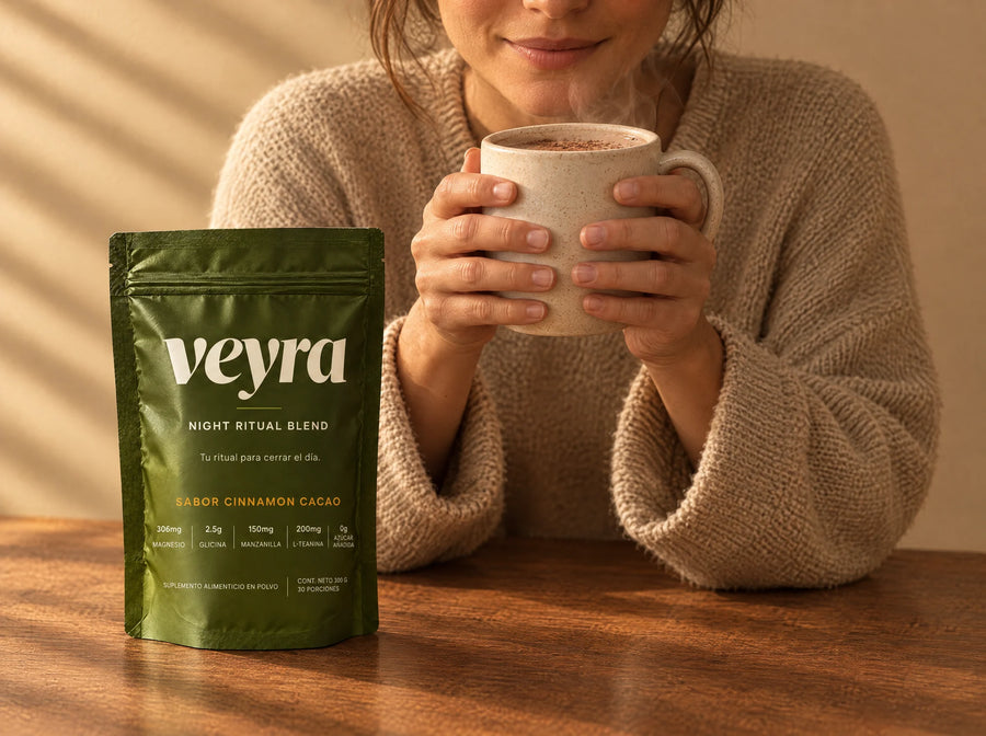 Persona sosteniendo su taza de Veyra caliente junto a la bolsa
