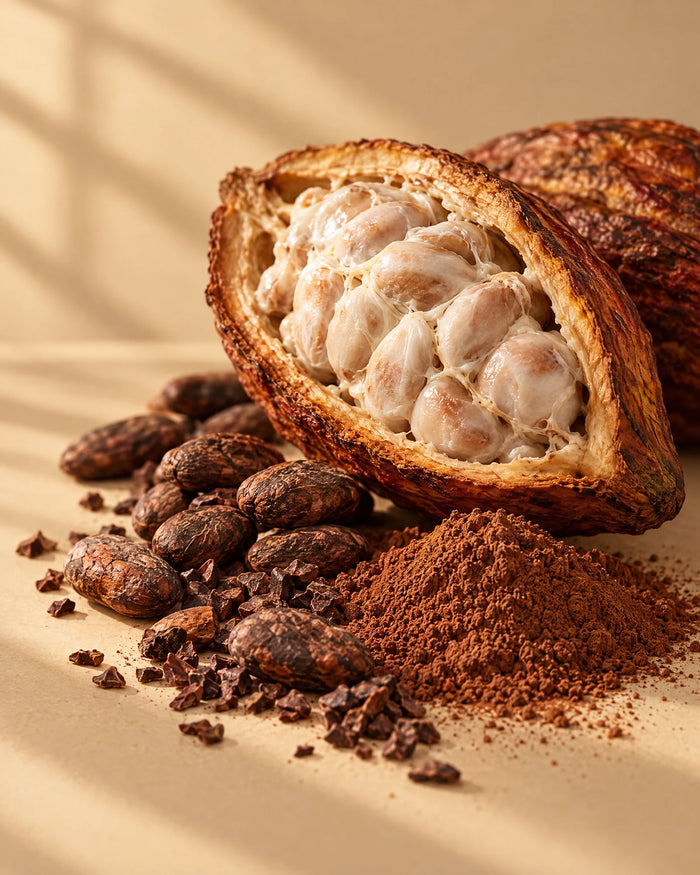 Mazorca de cacao abierta con granos, nibs y cacao en polvo